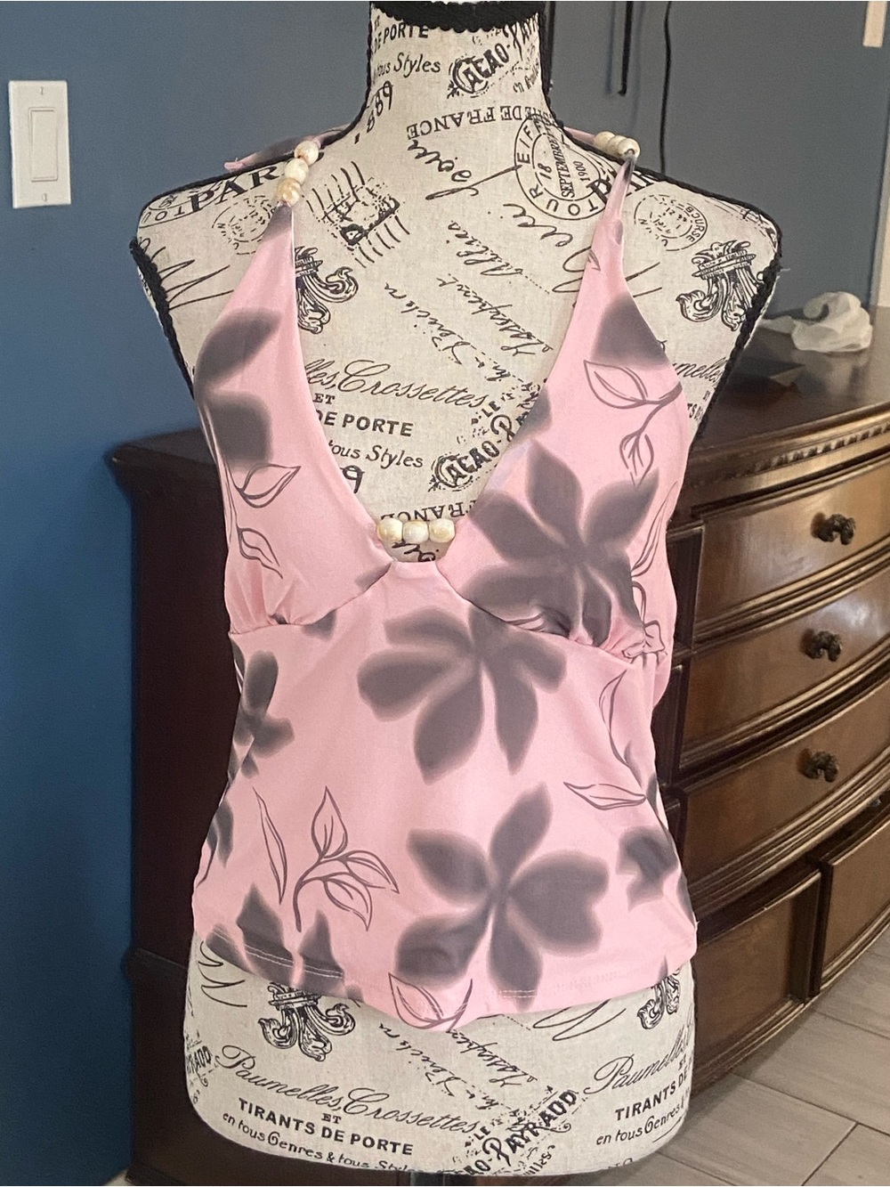 Pink Rose Pink and Gray Floral Halter Camisole